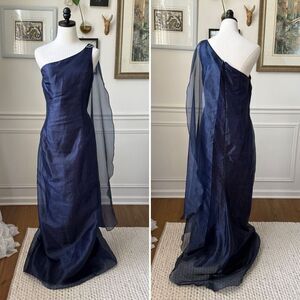 Vintage 80s Scott McClintock Navy Blue Old Hollywood Glamour Formal Dress Gown 1